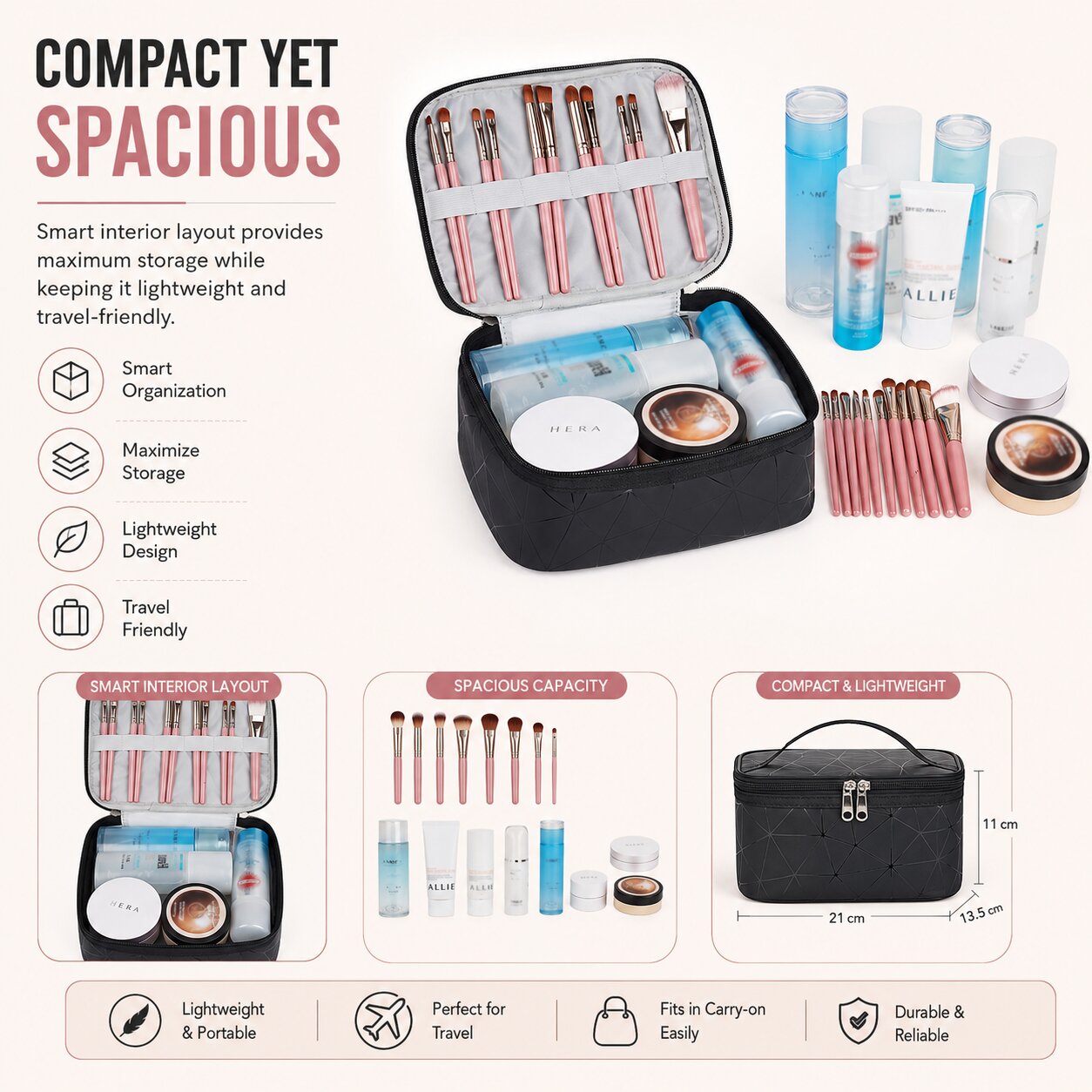 Lazer Double Layer Makeup Bag for Women – Clear Cosmetic Organizer Case, Travel Toiletry & Makeup Storage Pouch, Portable Makeup Organizer (Black)