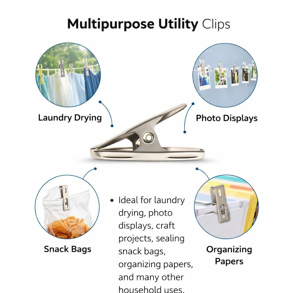 Lazer 16 Pack Stainless Steel Clothespins – Durable 1.5" Utility Clips for Clothesline, Laundry, Craft Projects, Photo Clips & Home Organization