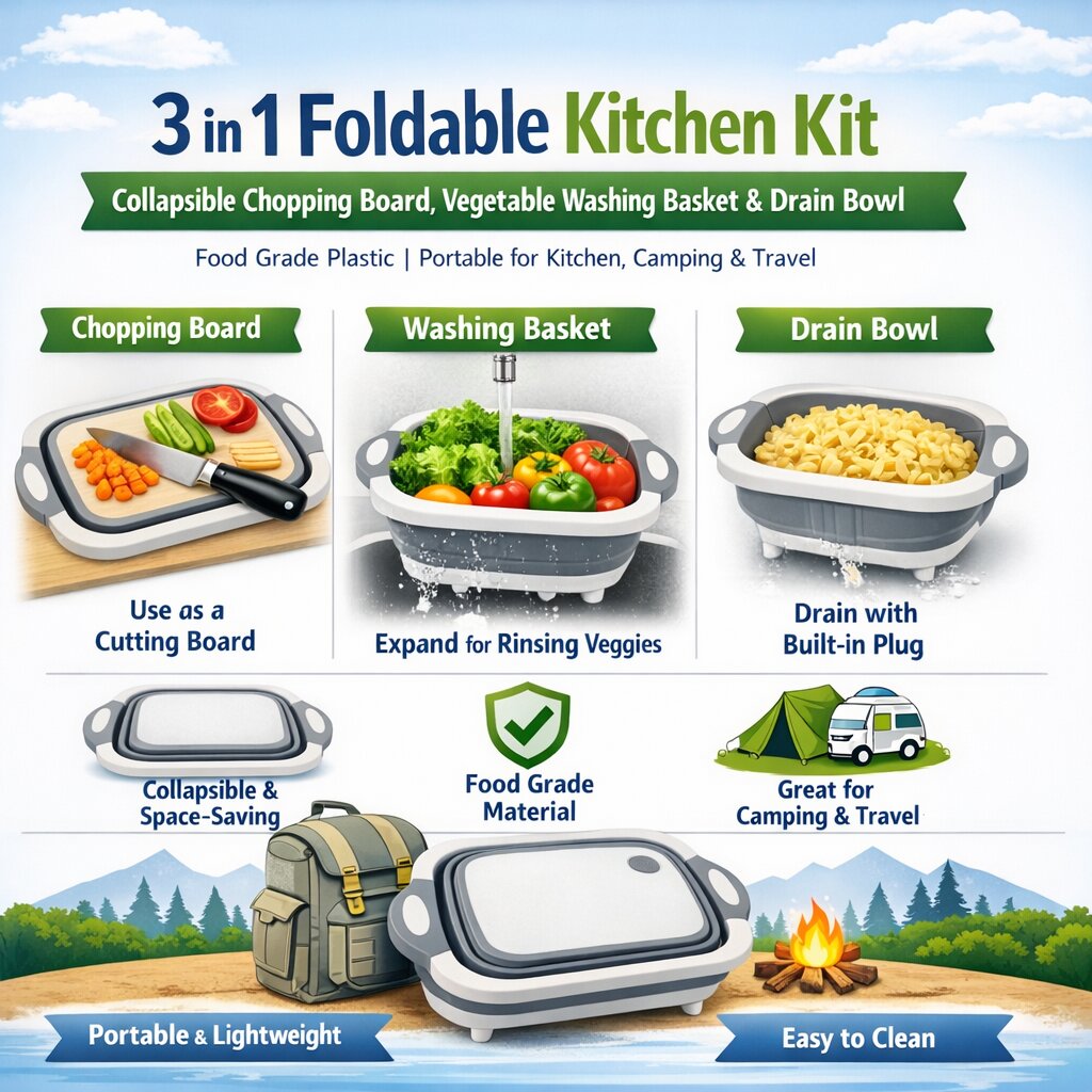 Lazer 3 in 1 Foldable Kitchen Kit – Collapsible Chopping Board, Vegetable Washing Basket & Drain Bowl | Food Grade Plastic | Portable for Kitchen, Camping & Travel