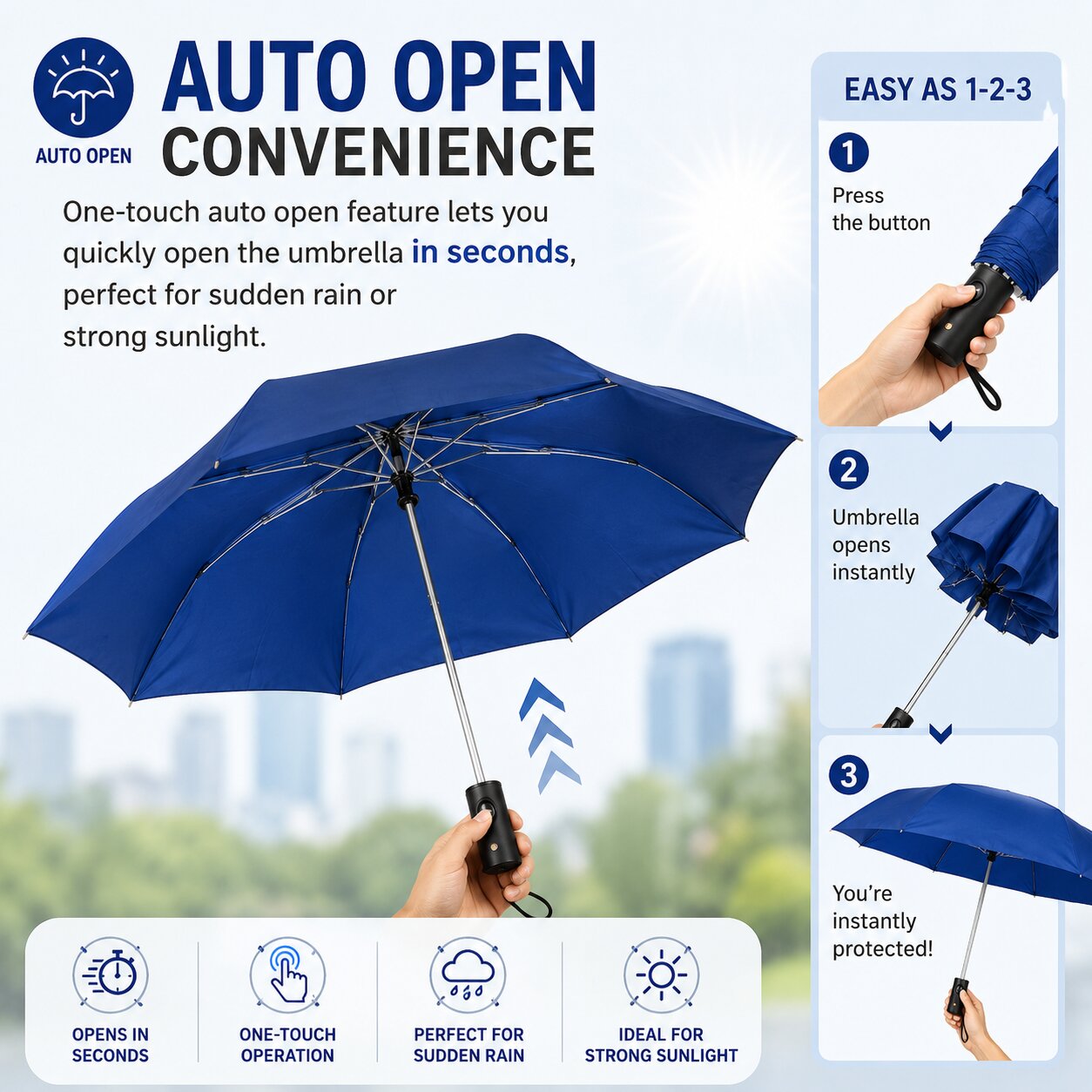 Lazer Shine 2-Fold 42 Inches Umbrella – Auto Open, Waterproof, Windproof, UPF 50+ Sun Protection, Large Compact Umbrella for Men, Women & Kids, Navy Blue