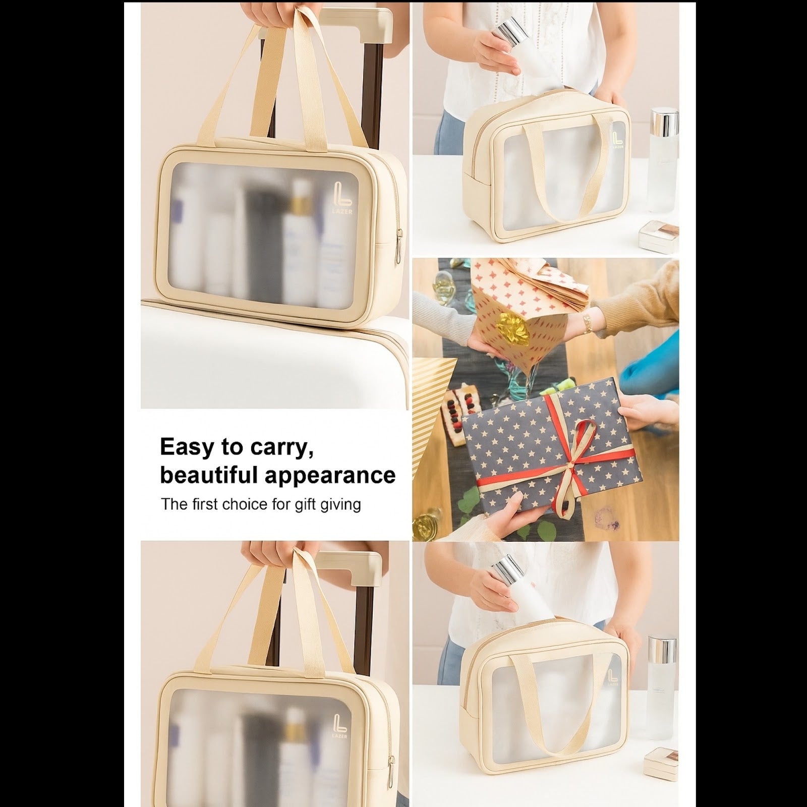 Lazer Makeup Travel Pouch, Cosmetic Bag, Travel kit Pouch for Toiletries, Brushes and Cosmetics - Set of 3 - Washbag Pouch - Cream