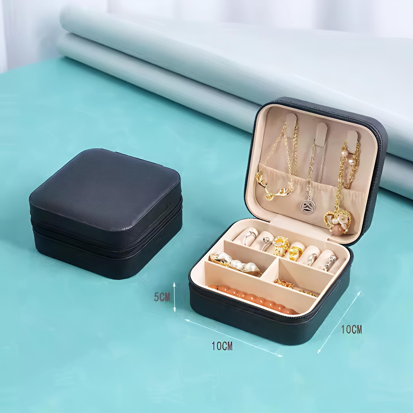 Lazer Jewellery Organiser PU Leather Zipper Square Portable Mini Square Storage Box Case with Dividers Container for Rings, Earrings, Necklace Home Organizer