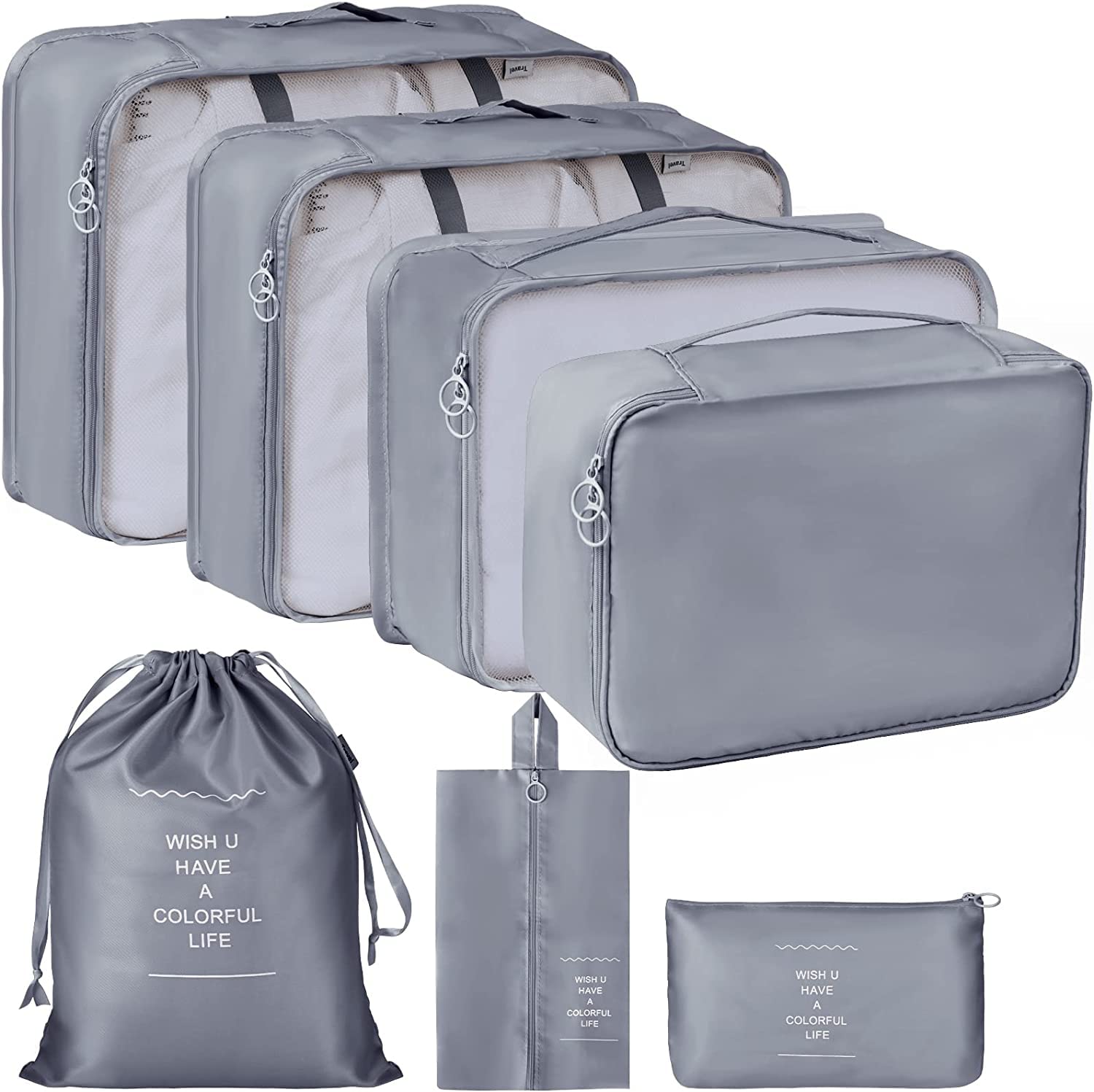 Lazer Polyester 7 Set Travel Organizer Bag 3 Packing Cubes + 3 Pouches + 1 Toiletry Organizer Bag W-28 Cm, H-11 Centimeters - Grey