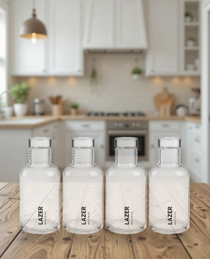 Lazer Pure Borosilicate Glass Water Bottle Set of 4 – 300ml Each, BPA-Free, Eco-Friendly, Durable & Leak-Proof Transparent Bottles