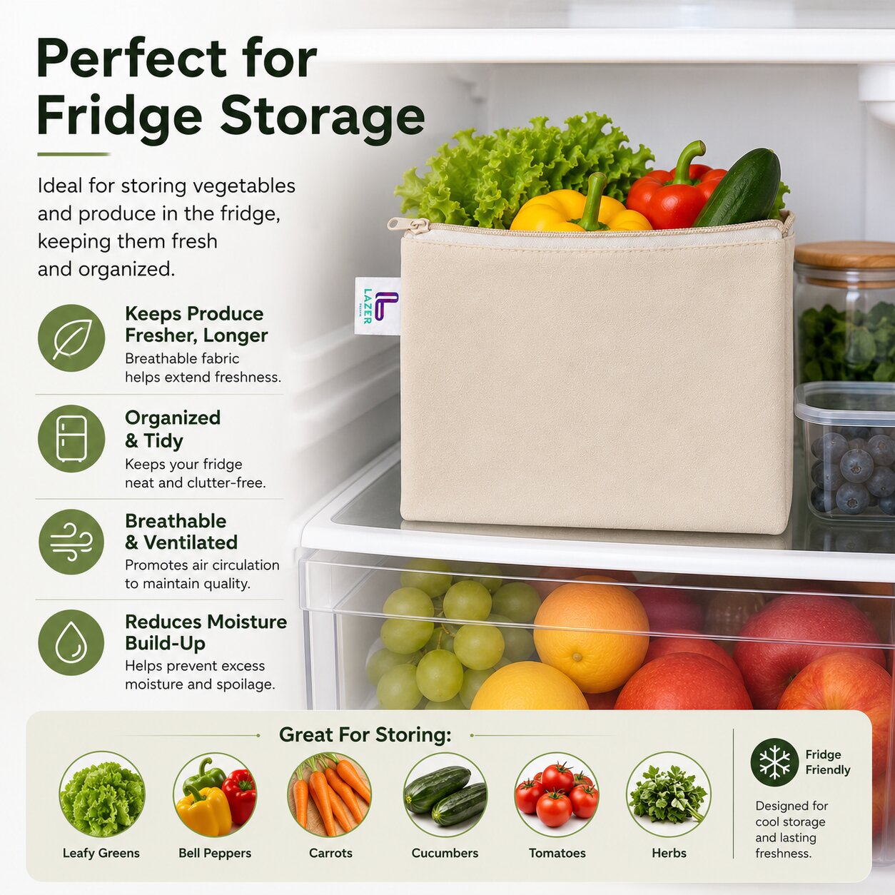 Lazer Cotton Reusable Vegetable Bags – Eco-Friendly, Breathable, and Washable Cloth Storage Bags for Fridge (12x12 Inches, Pack of 10)