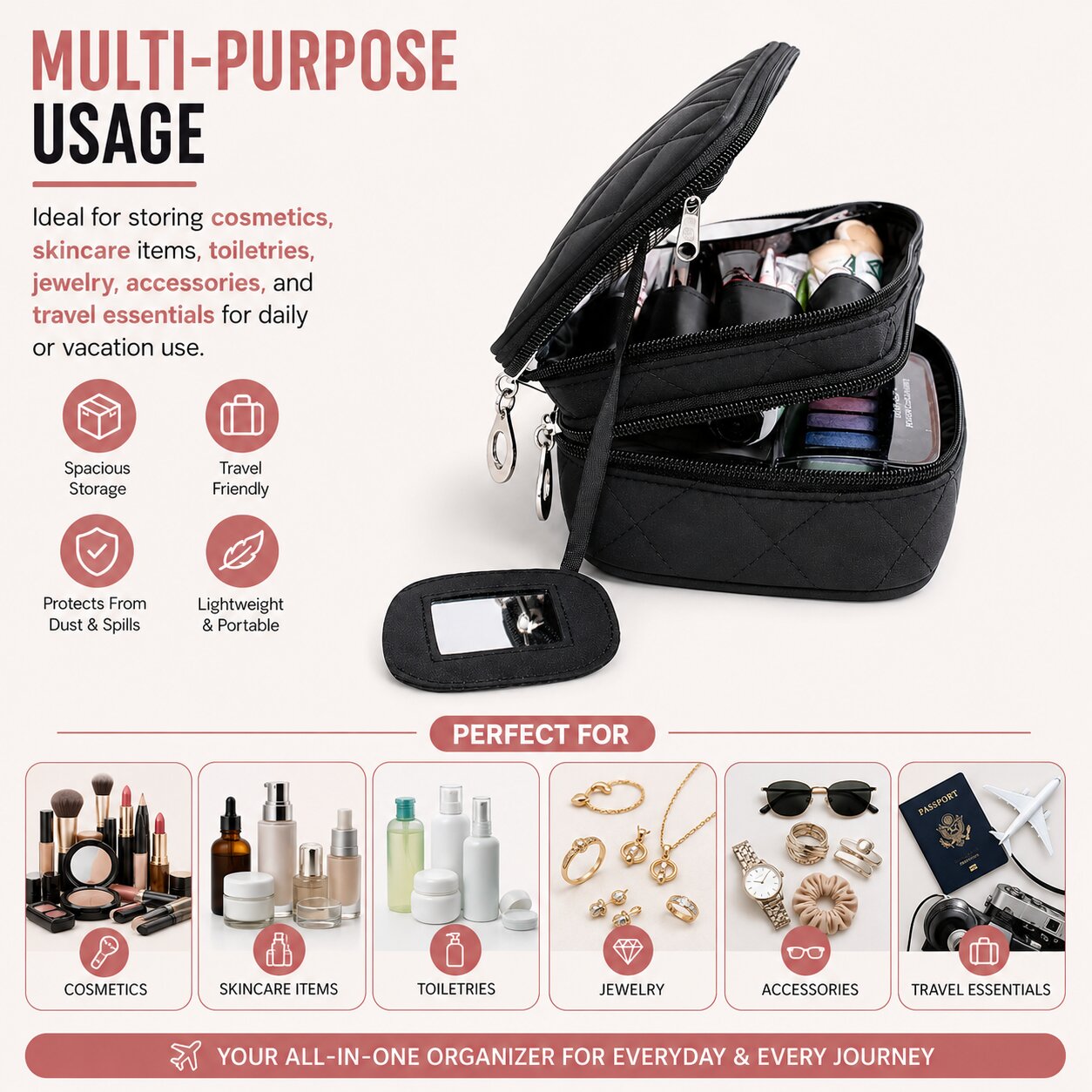 Lazer Makeup Pouch Bag Organiser with Mirror – Large Travel Cosmetic Vanity Bag for Women, Portable Makeup Organizer Case, Black