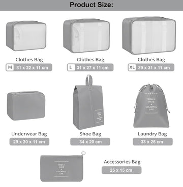 Lazer Polyester 7 Set Travel Organizer Bag 3 Packing Cubes + 3 Pouches + 1 Toiletry Organizer Bag W-28 Cm, H-11 Centimeters - Dark Blue