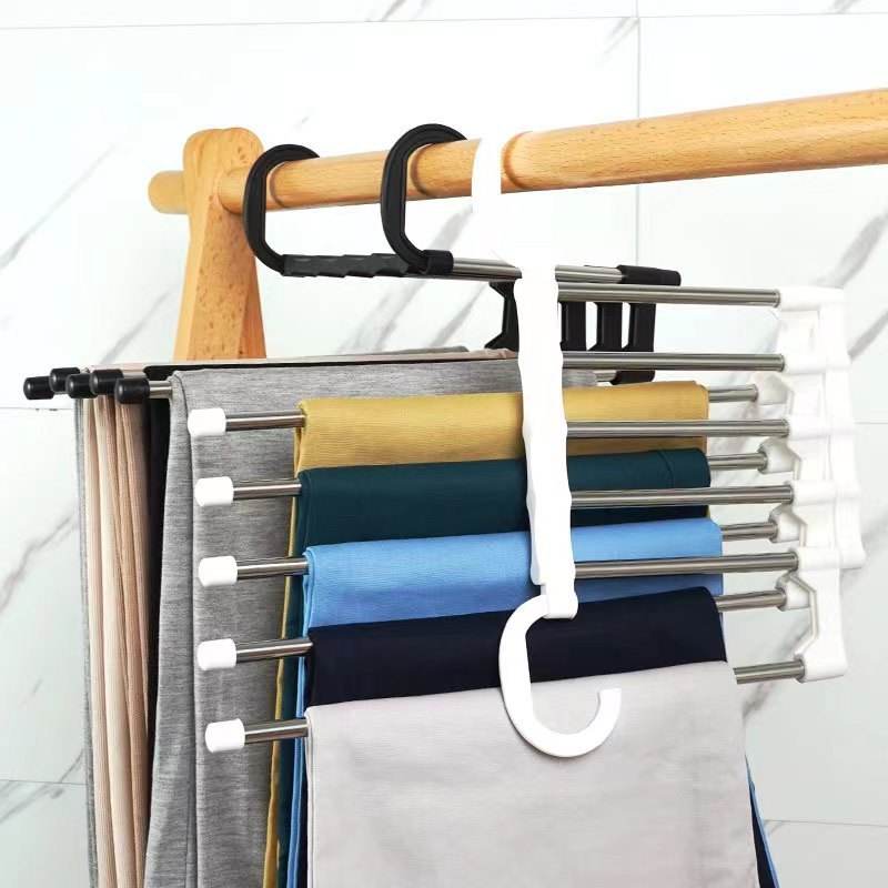 Lazer Pant Hangers for Wardrobe – 5-in-1 Multi-Layer Space-Saving Trouser, Leggings & Saree Organizer | Heavy-Duty Plastic & Stainless Steel Hanger