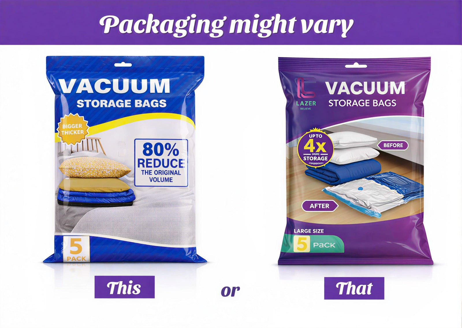 Lazer 5 Pack Space Saver Reusable Vacuum Bags for Travel with Hand Pump (1 Large/2 Medium/2 Small) Polyethylene Airtight Compression Storage for Packing Vaccine Sealer Bag with Ziplock - Transparent