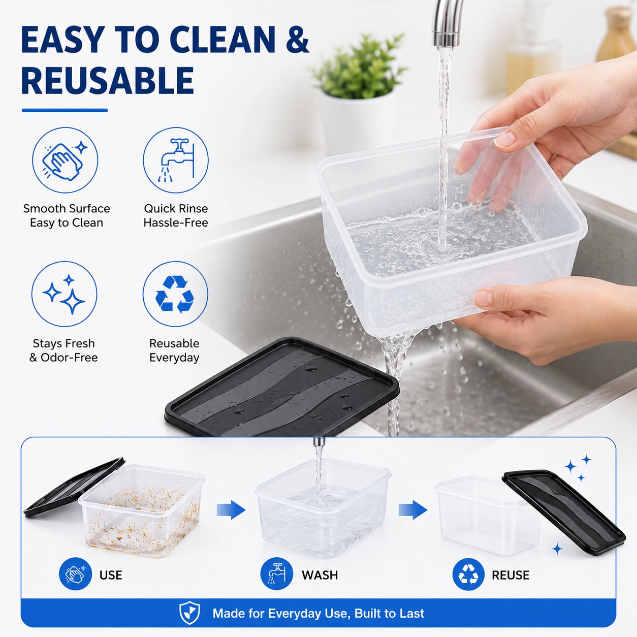 Lazer 2000 ML Fridge Storage Container Set of 6 with Lid | BPA-Free Plastic Food Storage Boxes for Rice, Pasta, Pulses, Cereals, Fruits, Vegetables & Meal Prep | Kitchen Organizer Containers, Black