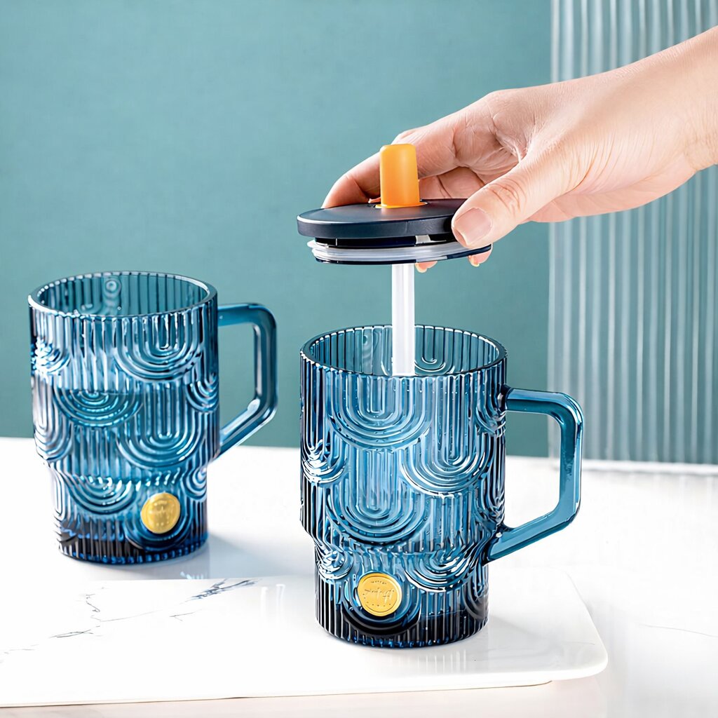 Lazer Reusable Glass Tumbler with Lid & Straw, 440ml Multipurpose Drinking Glass Travel Coffee Sipper Mug for Juice, Smoothies, Iced Tea & Cold Beverages, Dark Blue