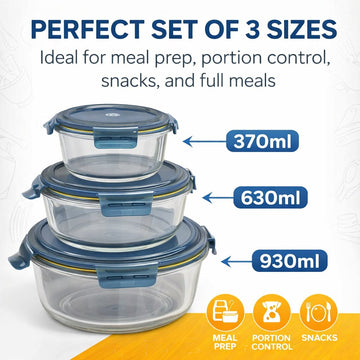 Lazer Glass Lunch Boxes Set of 3 Airtight Leakproof Food Storage Containers (370ml, 630ml, 930ml) with Locking Lid, Microwave Safe, BPA-Free Meal Prep for Office & Home
