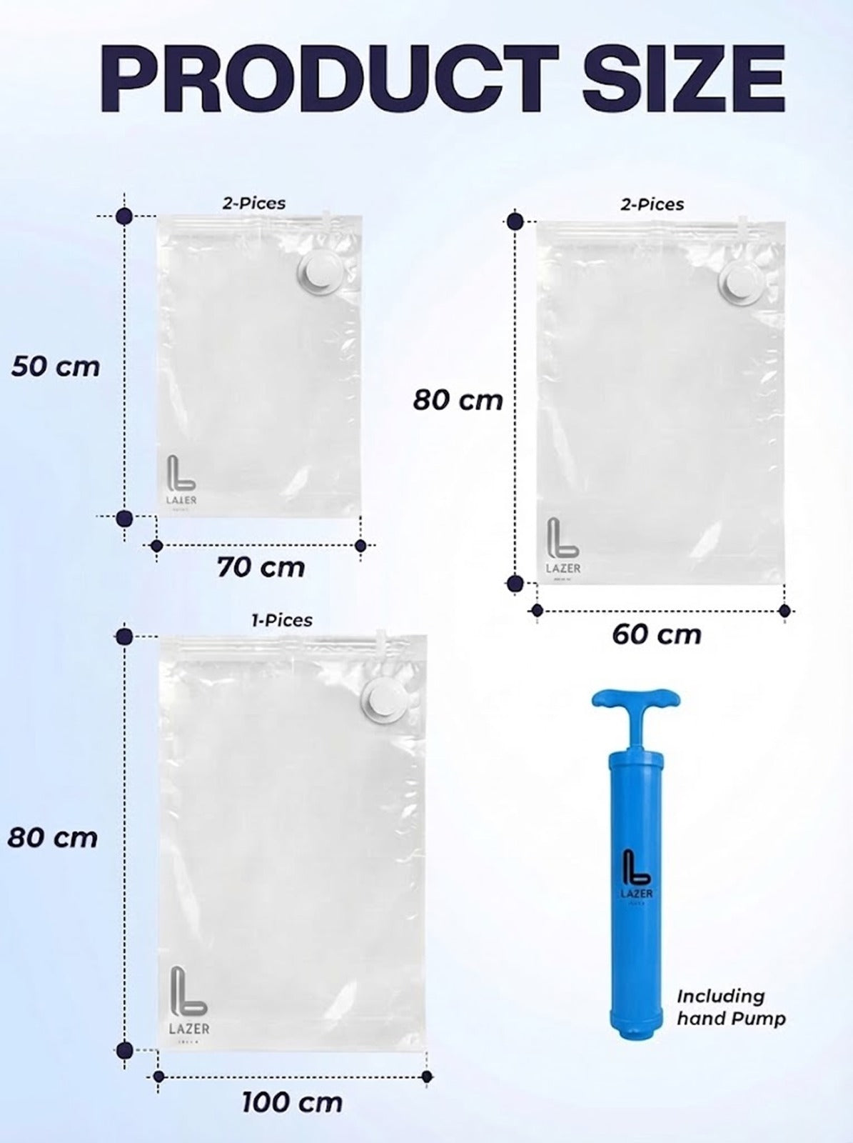 Lazer 5 Pack Space Saver Reusable Vacuum Bags for Travel with Hand Pump (1 Large/2 Medium/2 Small) Polyethylene Airtight Compression Storage for Packing Vaccine Sealer Bag with Ziplock - Transparent
