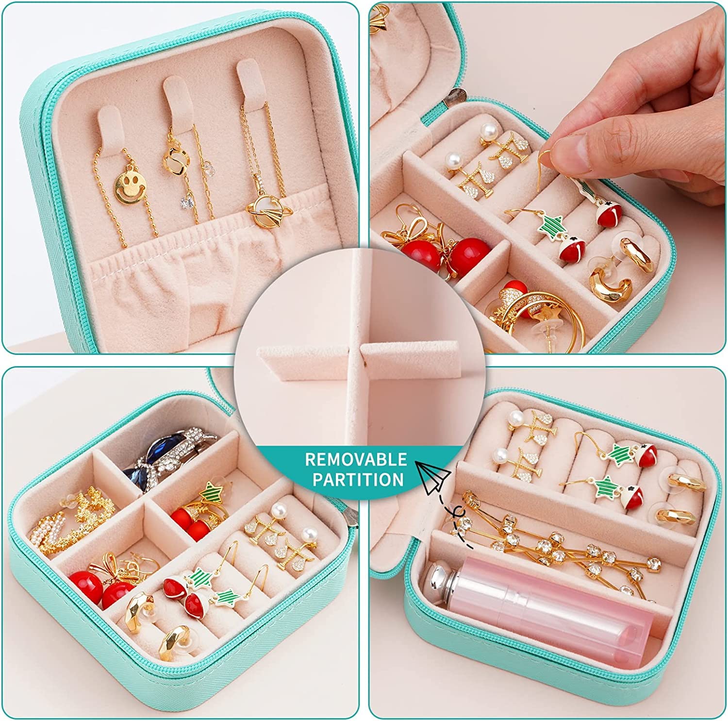 Lazer Jewellery Organiser PU Leather Zipper Square Portable Mini Square Storage Box Case with Dividers Container for Rings, Earrings, Necklace Home Organizer