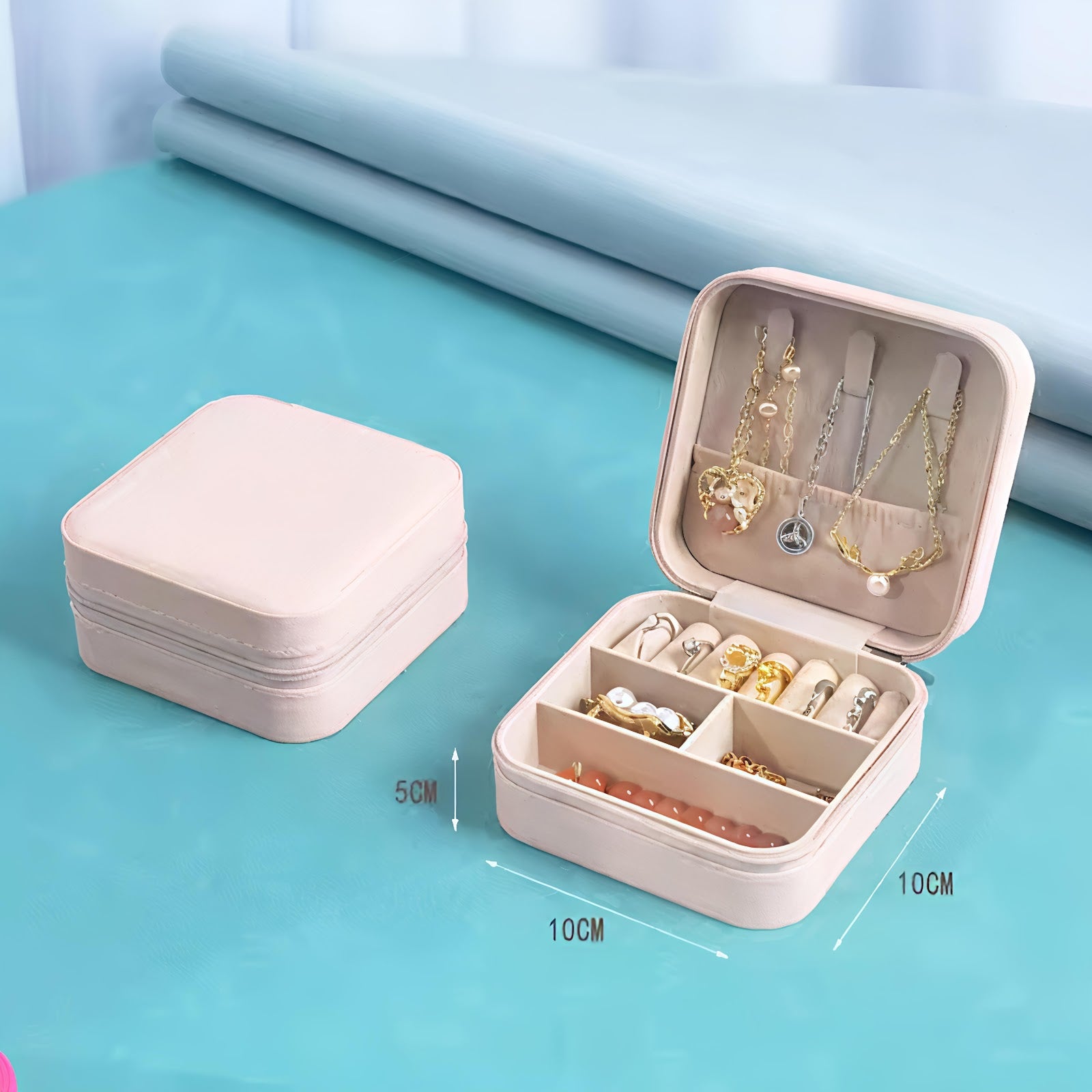 Lazer Jewellery Organiser PU Leather Zipper Square Portable Mini Square Storage Box Case with Dividers Container for Rings, Earrings, Necklace Home Organizer