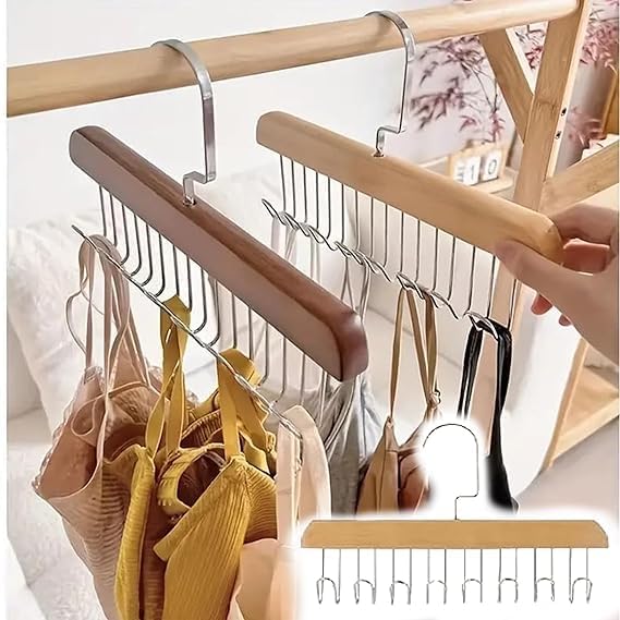 Lazer Wooden Hanger for Clothes Hanging, Hangers for Wardrobe and Cupboard, 8 Hook Adjustable Clothes Hanger for Lingerie, Belt, Scarf, Tie, Garments and Accessories (Pack of 1)