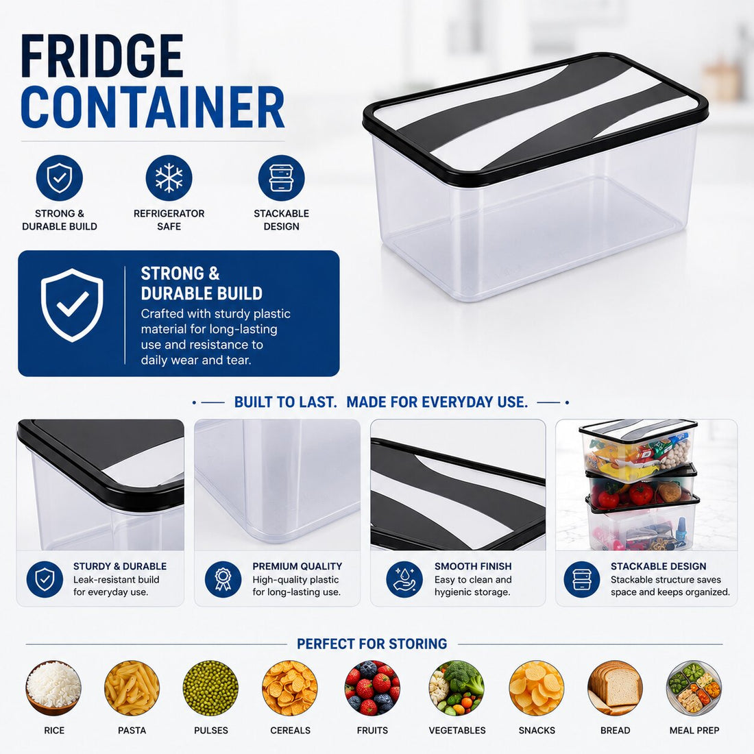 Lazer 2000 ML Fridge Storage Container Set of 2 with Lid | BPA-Free Plastic Food Storage Boxes for Rice, Pasta, Pulses, Cereals, Fruits, Vegetables & Meal Prep | Kitchen Organizer Containers, Black