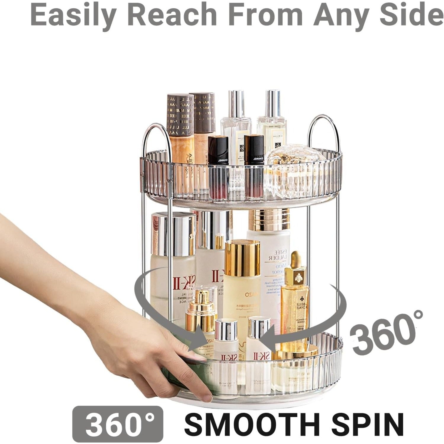 Lazer 360° Rotating Makeup Organizer – 2 Tier Grey Vanity Storage for Skincare, Perfume & Cosmetics (High Capacity Clear Display)
