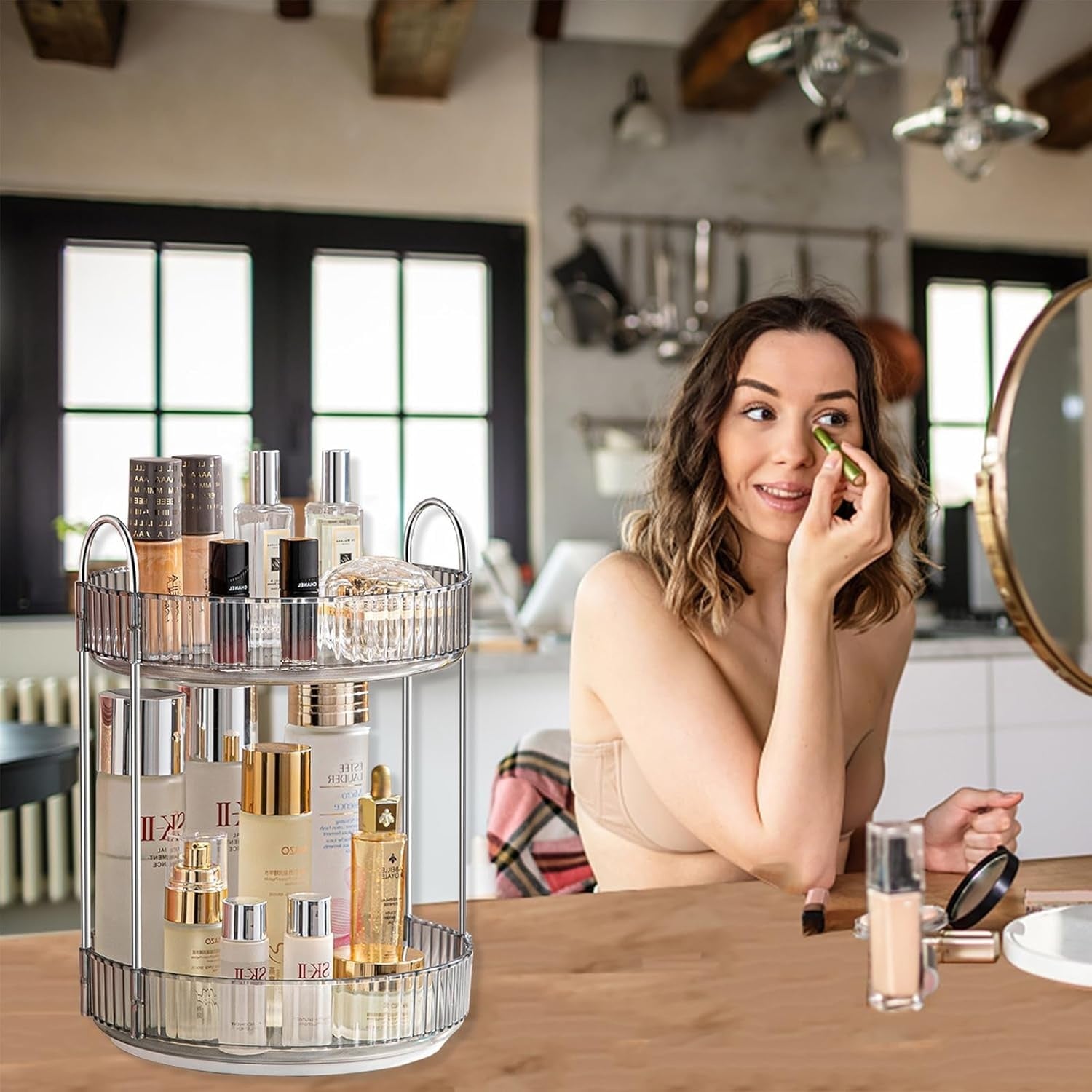 Lazer 360° Rotating Makeup Organizer – 2 Tier Grey Vanity Storage for Skincare, Perfume & Cosmetics (High Capacity Clear Display)