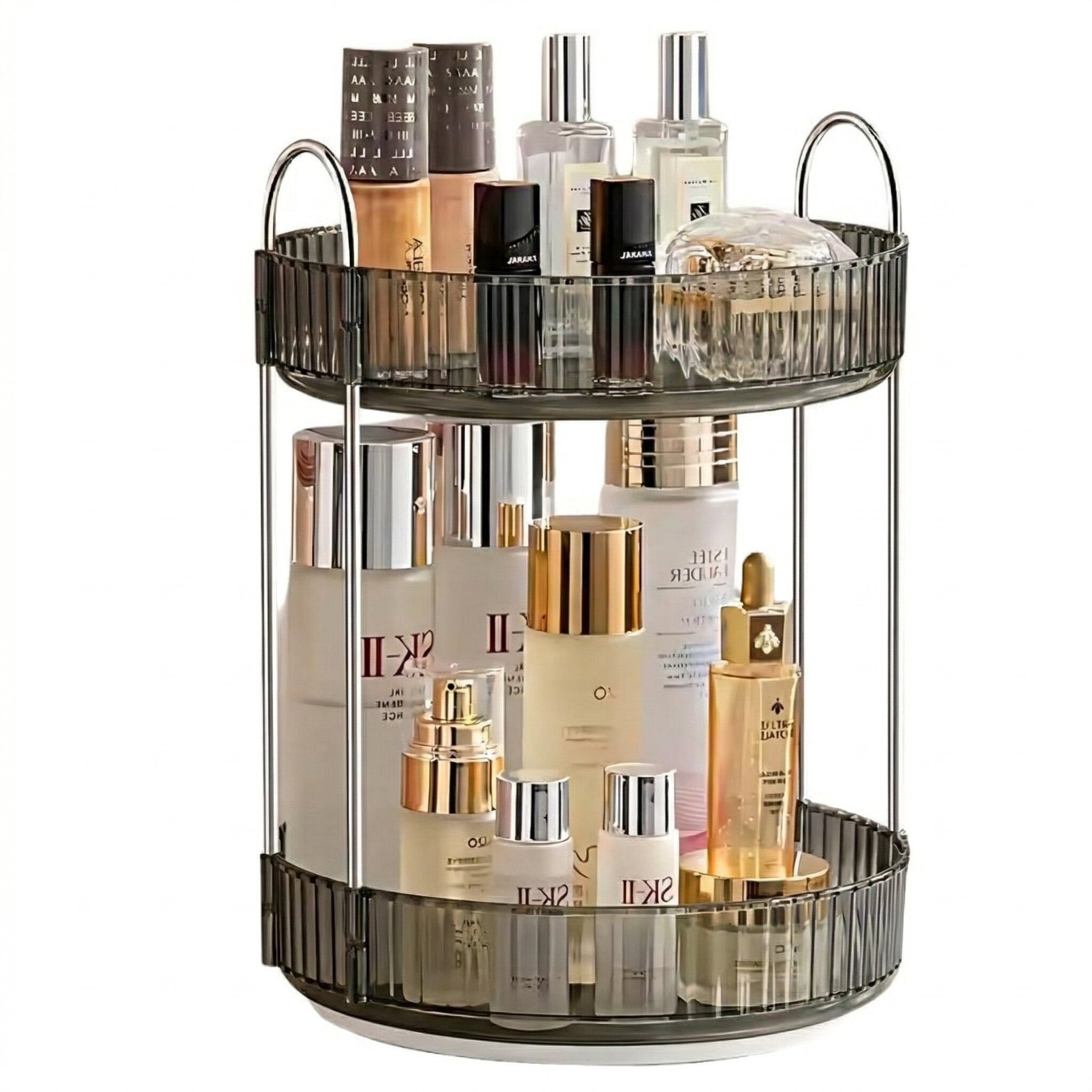 Lazer 360° Rotating Makeup Organizer – 2 Tier Grey Vanity Storage for Skincare, Perfume & Cosmetics (High Capacity Clear Display)