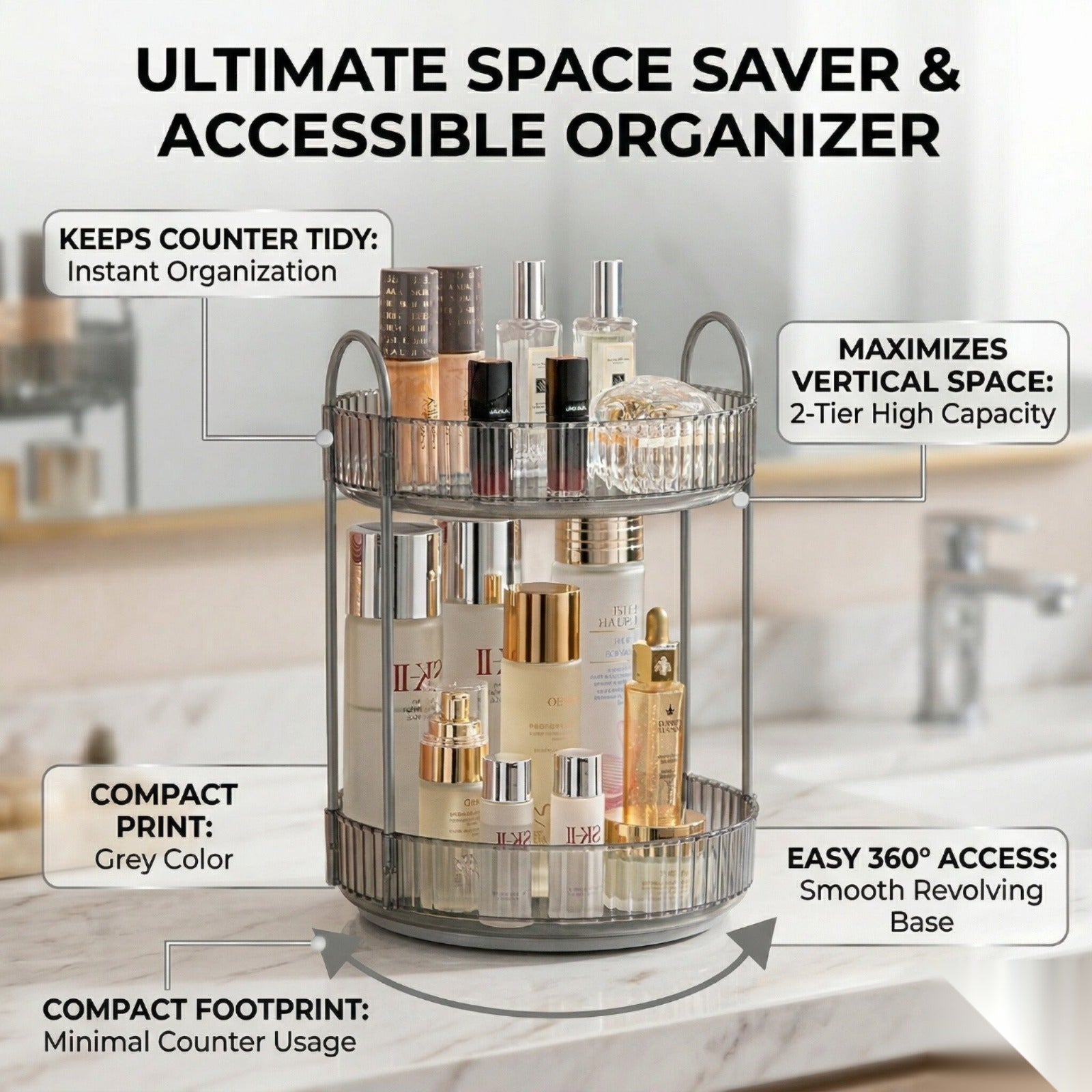 Lazer 360° Rotating Makeup Organizer – 2 Tier Grey Vanity Storage for Skincare, Perfume & Cosmetics (High Capacity Clear Display)
