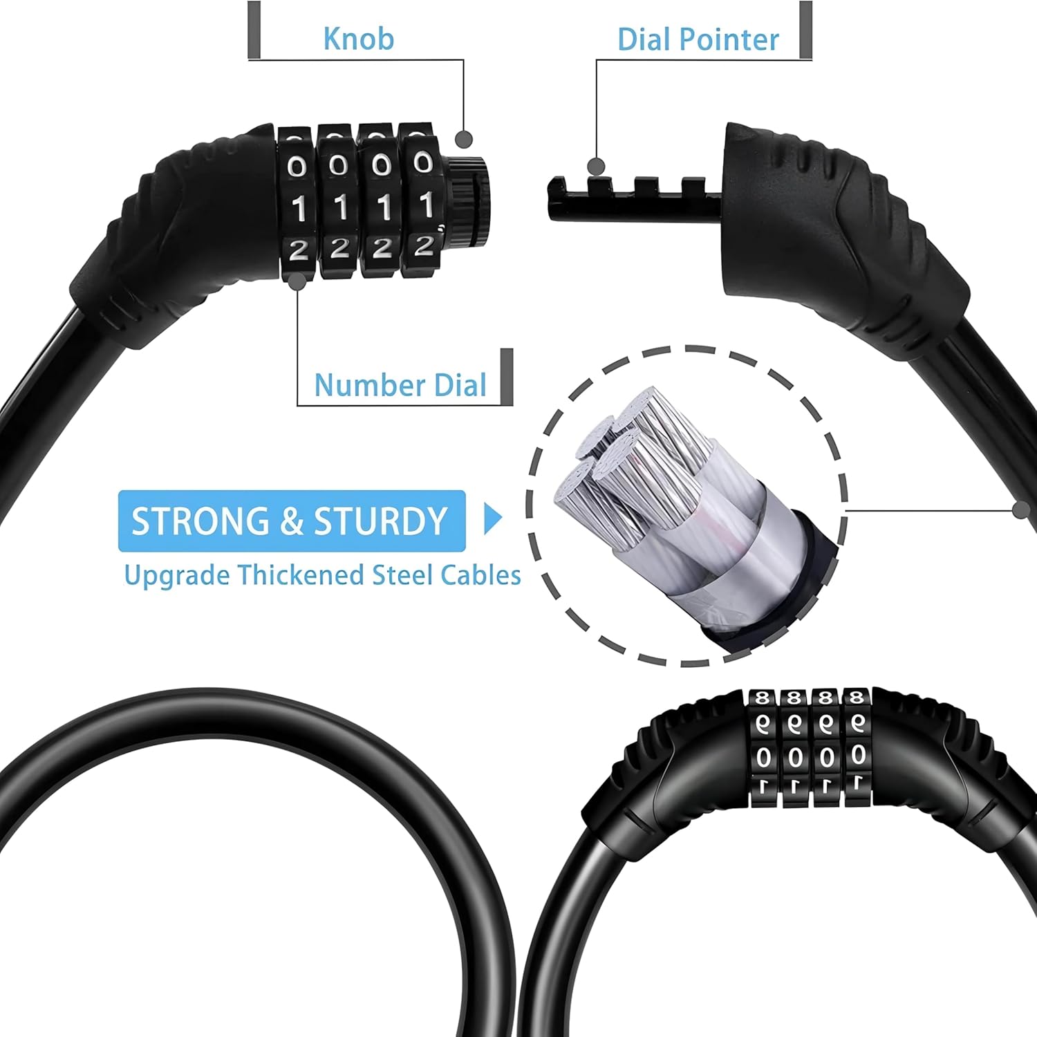 Lazer Bicycle Lock 4-Digit Code Resettable Mini Combination Password Bike Lock Without Mounting Bracket, 2 Feet 1/2 Inch (Black) Anti Theft Accessories for Mountain Bike Lock Chain [14x12x3 CM]