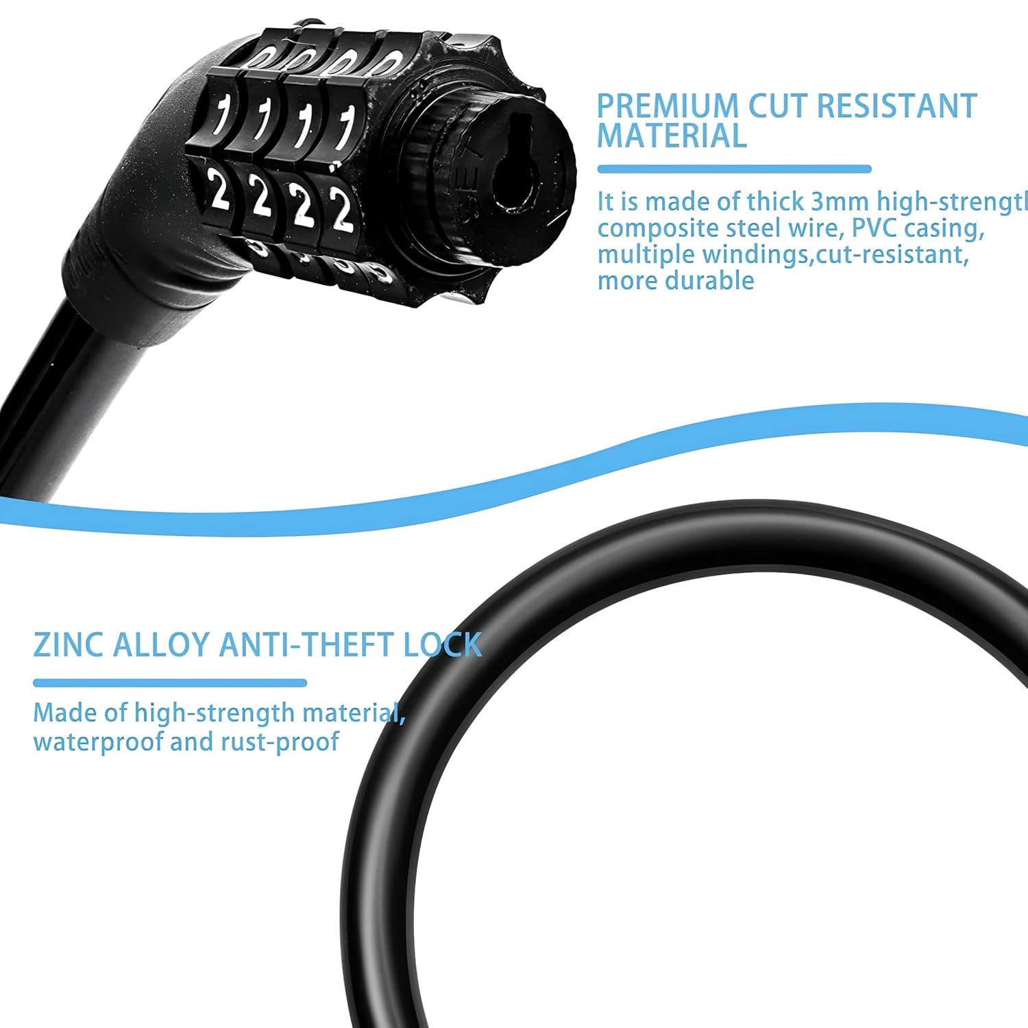 Lazer Bicycle Lock 4-Digit Code Resettable Mini Combination Password Bike Lock Without Mounting Bracket, 2 Feet 1/2 Inch (Black) Anti Theft Accessories for Mountain Bike Lock Chain [14x12x3 CM]
