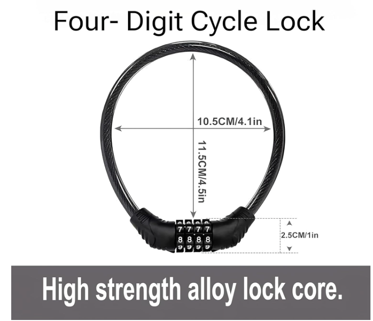 Lazer Bicycle Lock 4-Digit Code Resettable Mini Combination Password Bike Lock Without Mounting Bracket, 2 Feet 1/2 Inch (Black) Anti Theft Accessories for Mountain Bike Lock Chain [14x12x3 CM]