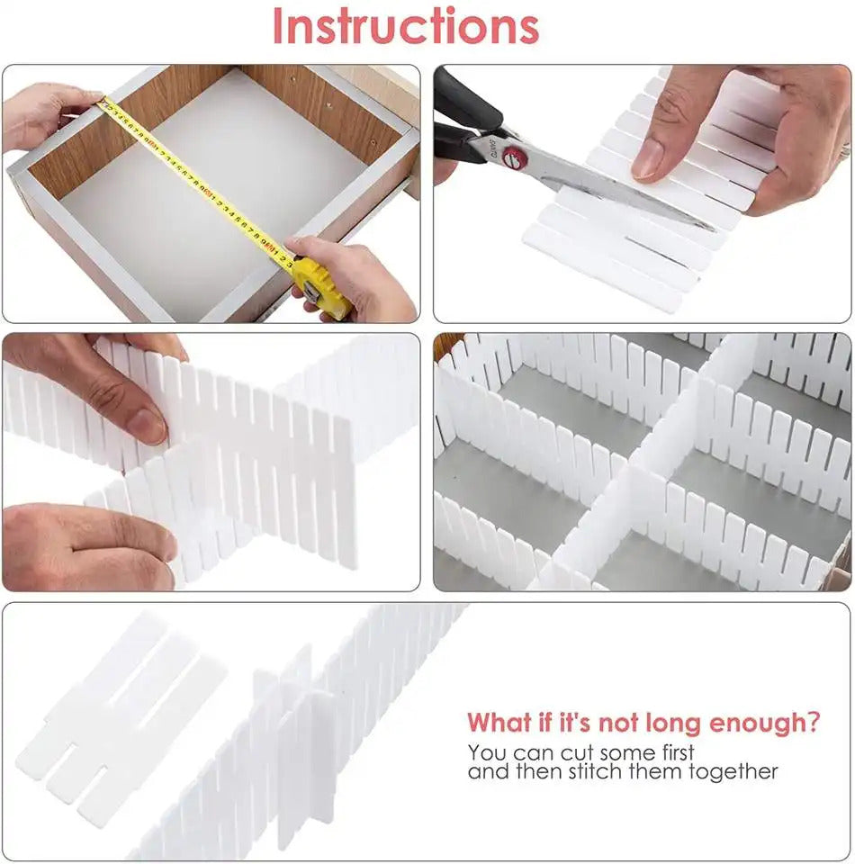 Lazer 8 Adjustable Strips Interlocking Self Assembly Plastic Drawer Divider Storage Organizer - Grid Closet Partition Strips for Home, Office, Wardrobe, Cabinet