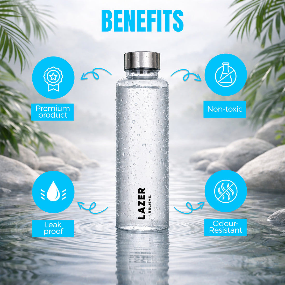 Lazer Pure Borosilicate Glass Water Bottle 500ml – BPA-Free, Eco-Friendly, Durable & Leak-Proof Transparent Bottle