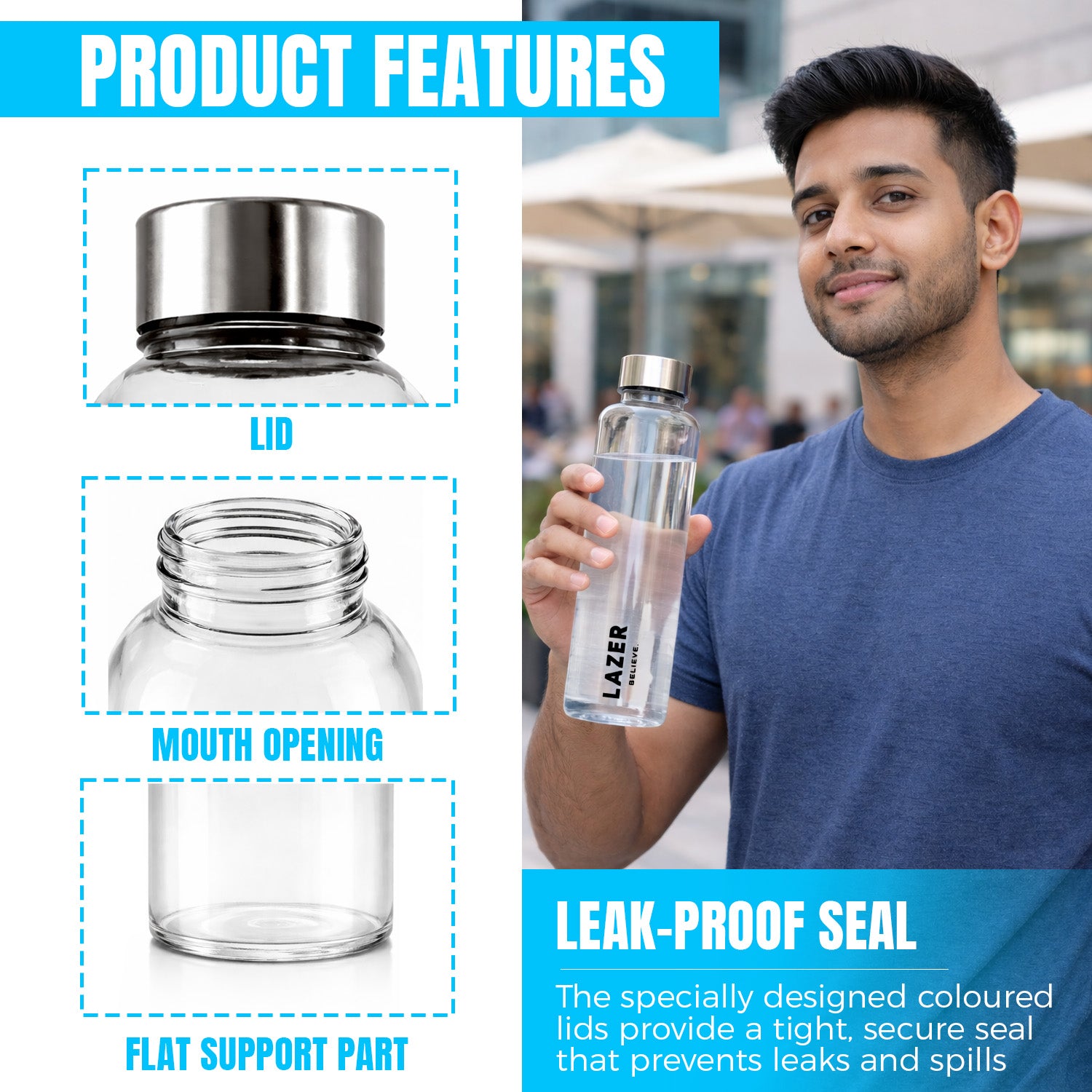 Lazer Pure Borosilicate Glass Water Bottle 500ml – BPA-Free, Eco-Friendly, Durable & Leak-Proof Transparent Bottle