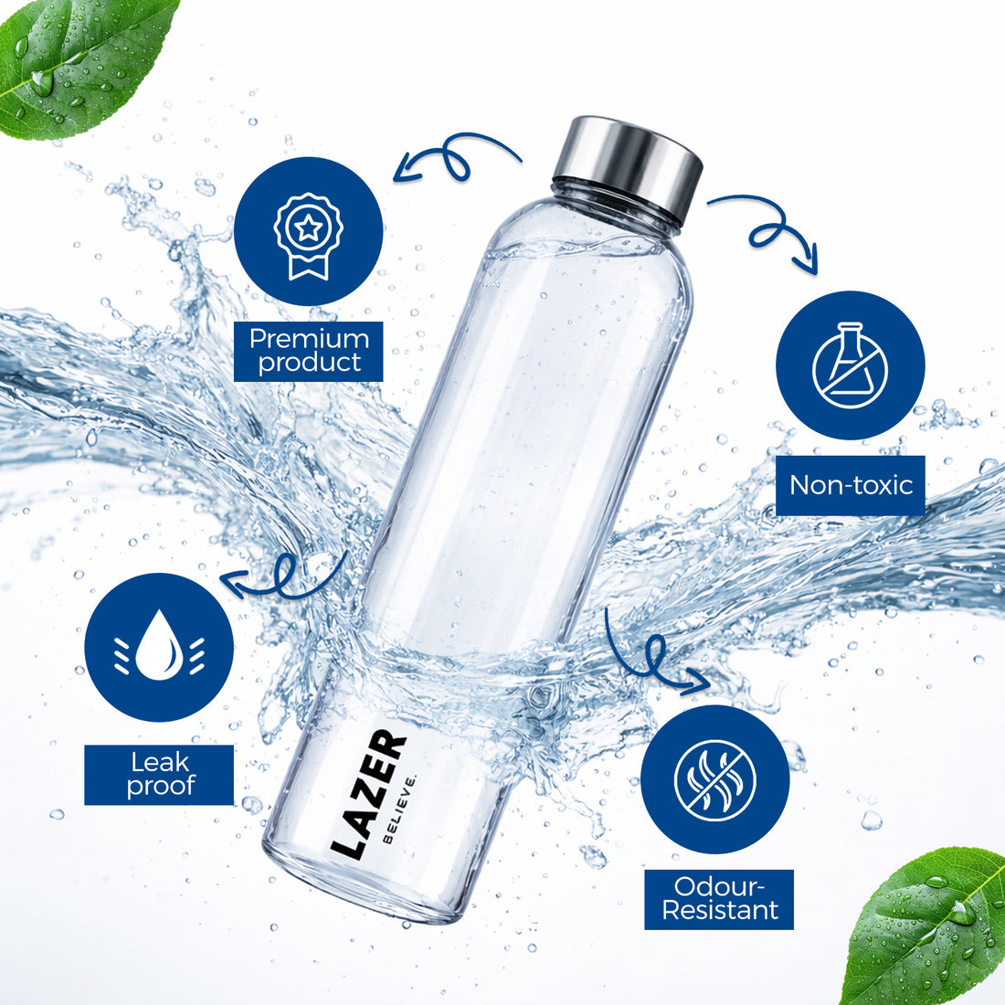 Lazer Pure Borosilicate Glass Water Bottle 750ml – BPA-Free, Eco-Friendly, Durable & Leak-Proof Transparent Bottle