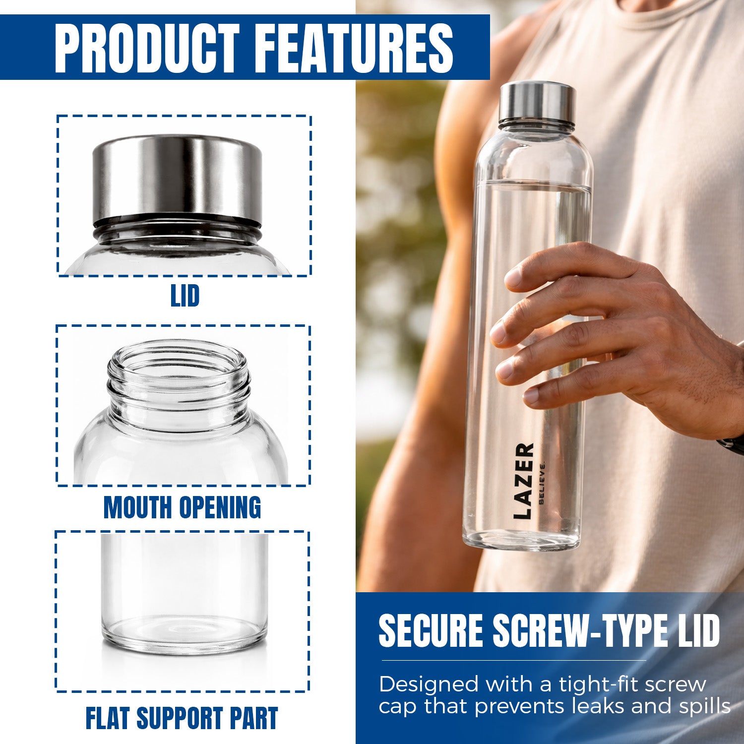 Lazer Pure Borosilicate Glass Water Bottle 750ml – BPA-Free, Eco-Friendly, Durable & Leak-Proof Transparent Bottle