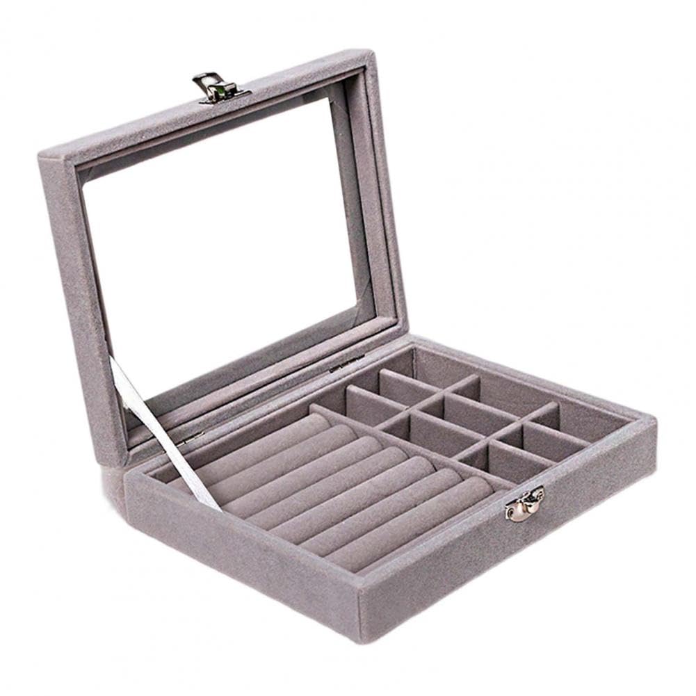 Lazer Velvet Jewellery Organizer Box with Clear Lid – Portable Storage Case with Dividers for Rings, Earrings & Necklaces – Elegant Gift for Women & Girls (Grey)