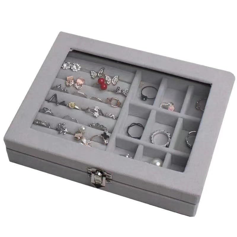 Lazer Velvet Jewellery Organizer Box with Clear Lid – Portable Storage Case with Dividers for Rings, Earrings & Necklaces – Elegant Gift for Women & Girls (Grey)