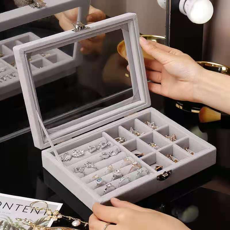 Lazer Velvet Jewellery Organizer Box with Clear Lid – Portable Storage Case with Dividers for Rings, Earrings & Necklaces – Elegant Gift for Women & Girls (Grey)