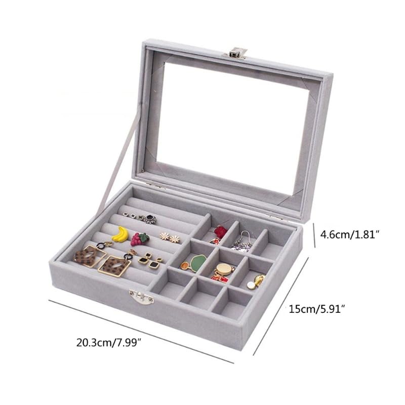 Lazer Velvet Jewellery Organizer Box with Clear Lid – Portable Storage Case with Dividers for Rings, Earrings & Necklaces – Elegant Gift for Women & Girls (Grey)