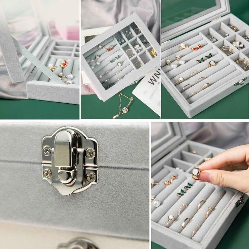 Lazer Velvet Jewellery Organizer Box with Clear Lid – Portable Storage Case with Dividers for Rings, Earrings & Necklaces – Elegant Gift for Women & Girls (Grey)