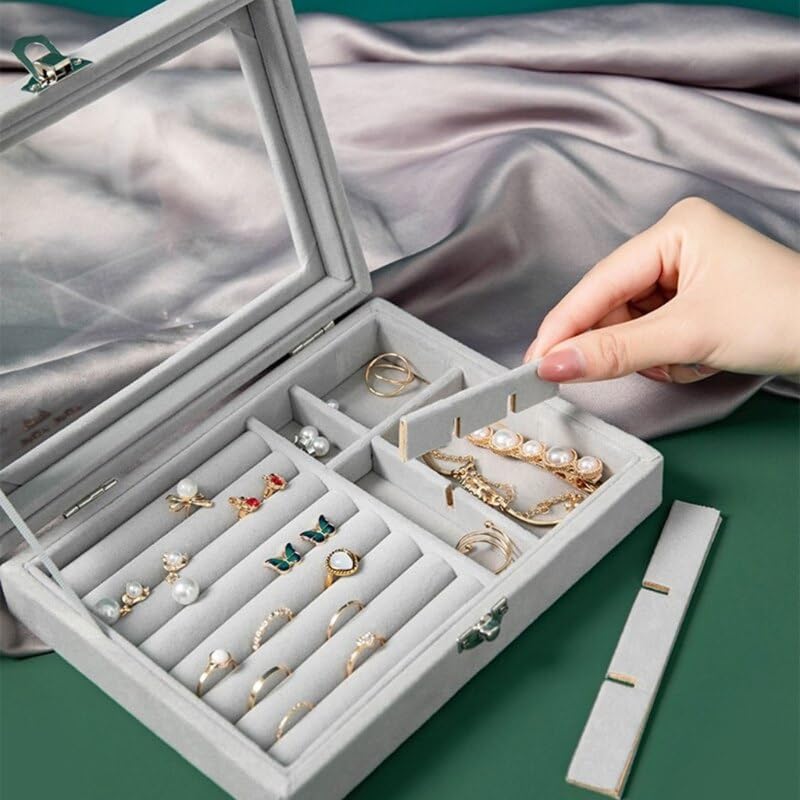 Lazer Velvet Jewellery Organizer Box with Clear Lid – Portable Storage Case with Dividers for Rings, Earrings & Necklaces – Elegant Gift for Women & Girls (Grey)