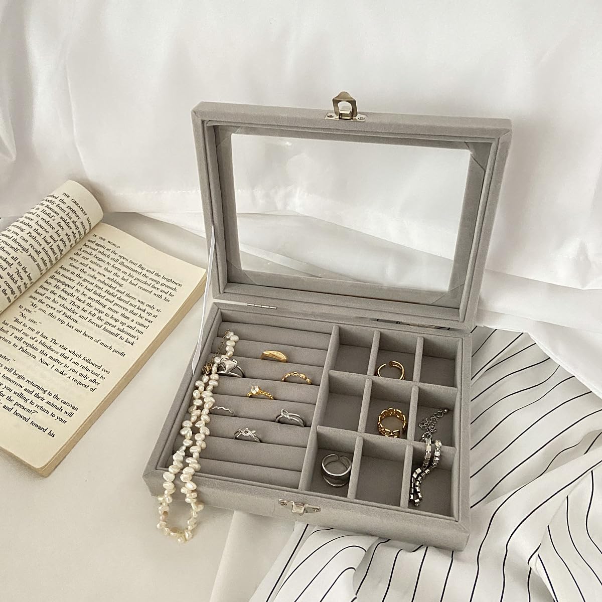 Lazer Velvet Jewellery Organizer Box with Clear Lid – Portable Storage Case with Dividers for Rings, Earrings & Necklaces – Elegant Gift for Women & Girls (Grey)