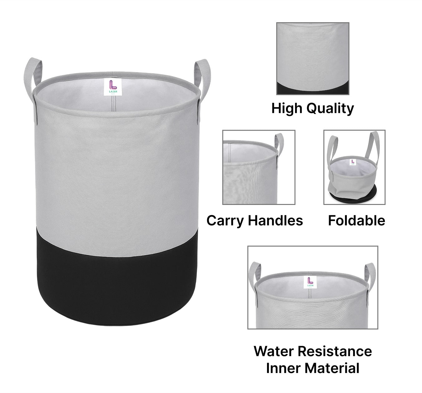Lazer Large Foldable Round Laundry Bag – 45L Waterproof Non-Woven Storage Basket for Clothes & Toys (Grey)