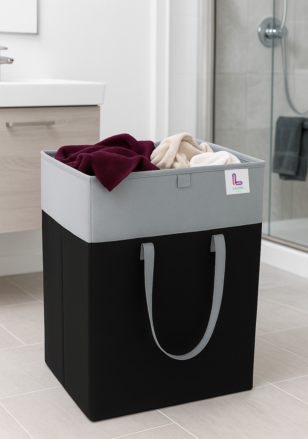 Lazer 75L Foldable Laundry Basket with Lid & Handles | Non-Woven Fabric, Rectangular Large Storage Bag for Clothes | Freestanding Organizer for Bedroom/Dorm (36×36×53 cm, Black)