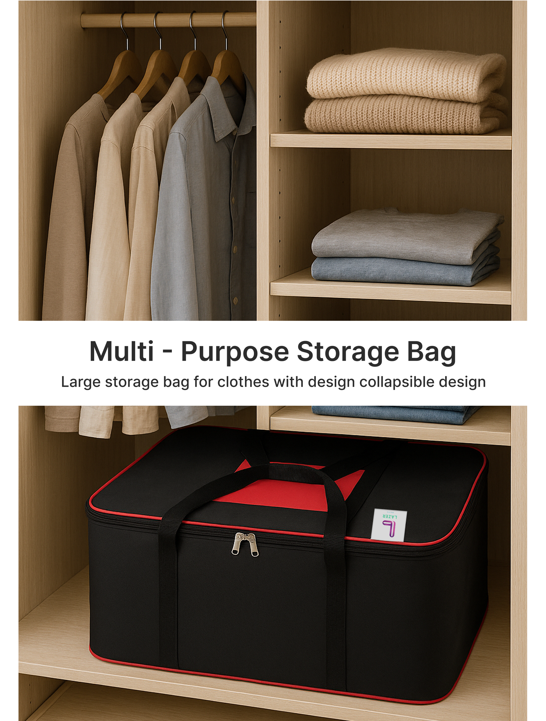 Lazer Large Moisture Proof Nylon Large Size Organizer with Zippered Closure Underbed Storage Bags For Clothes (54 x 46 x 28 cm)