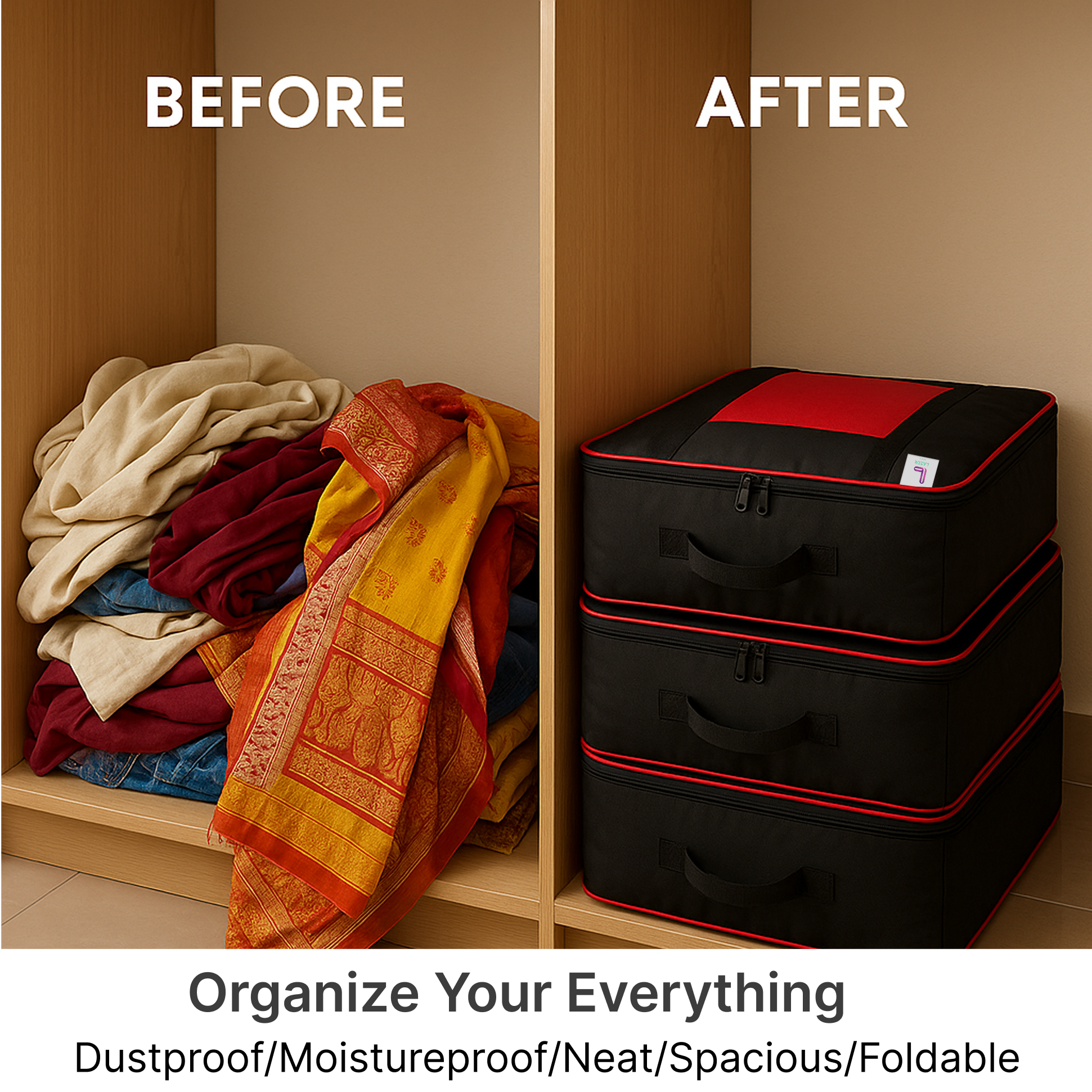 Lazer Large Moisture Proof Nylon Large Size Organizer with Zippered Closure Underbed Storage Bags For Clothes (54 x 46 x 28 cm)