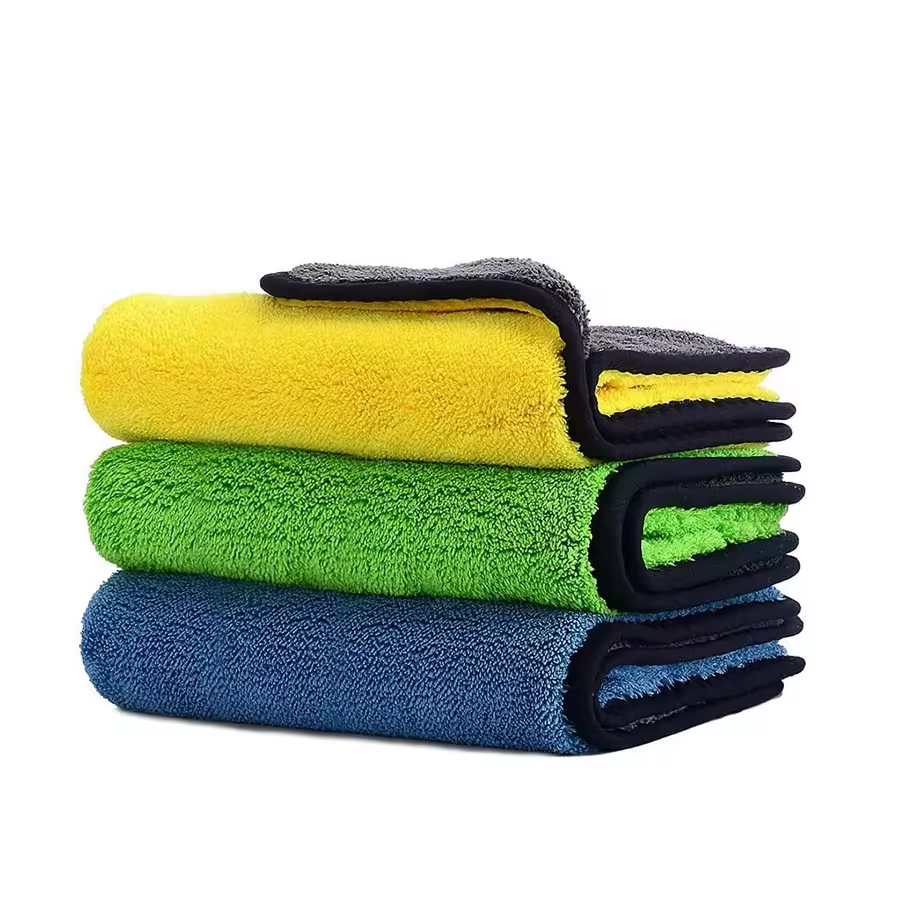 Lazer Heavy Microfiber Car Cleaning Cloth - 400 GSM, Double-Sided, Ultra Plush & Lint-Free (Blue, Yellow, Green) - 40 x 40 cm