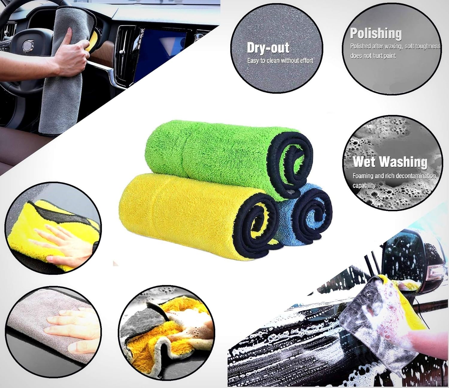 Lazer Heavy Microfiber Car Cleaning Cloth - 400 GSM, Double-Sided, Ultra Plush & Lint-Free (Blue, Yellow, Green) - 40 x 40 cm