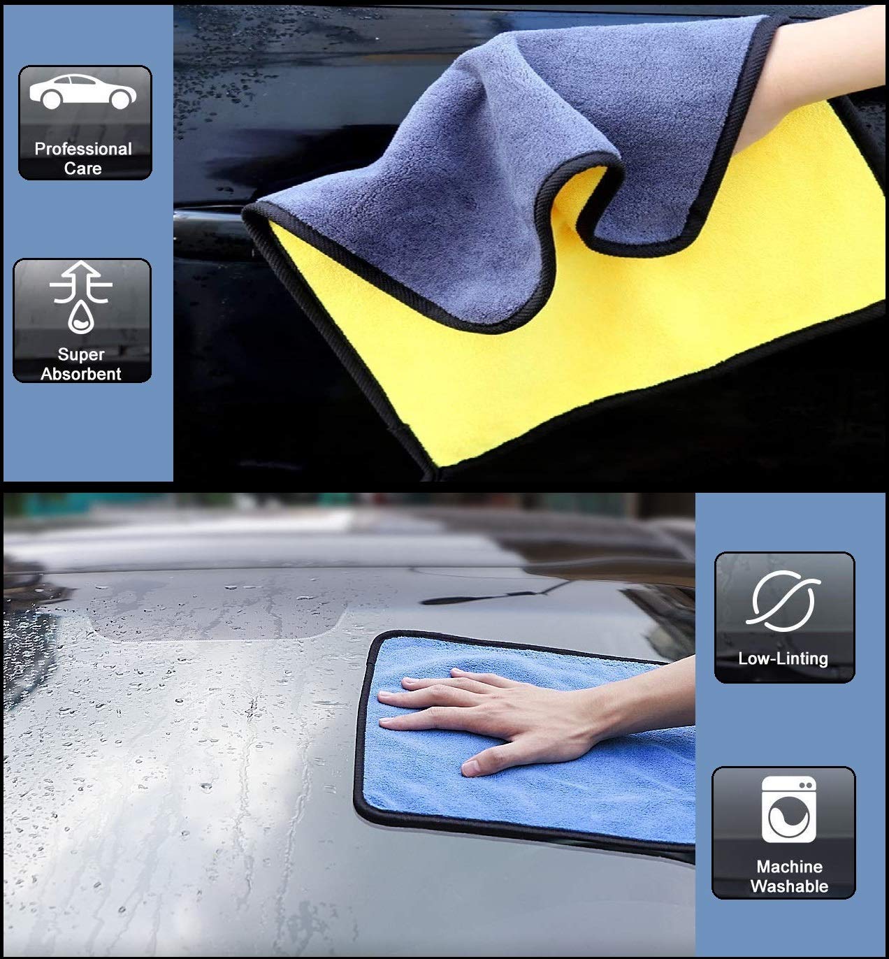 Lazer Heavy Microfiber Car Cleaning Cloth - 400 GSM, Double-Sided, Ultra Plush & Lint-Free (Blue, Yellow, Green) - 40 x 40 cm