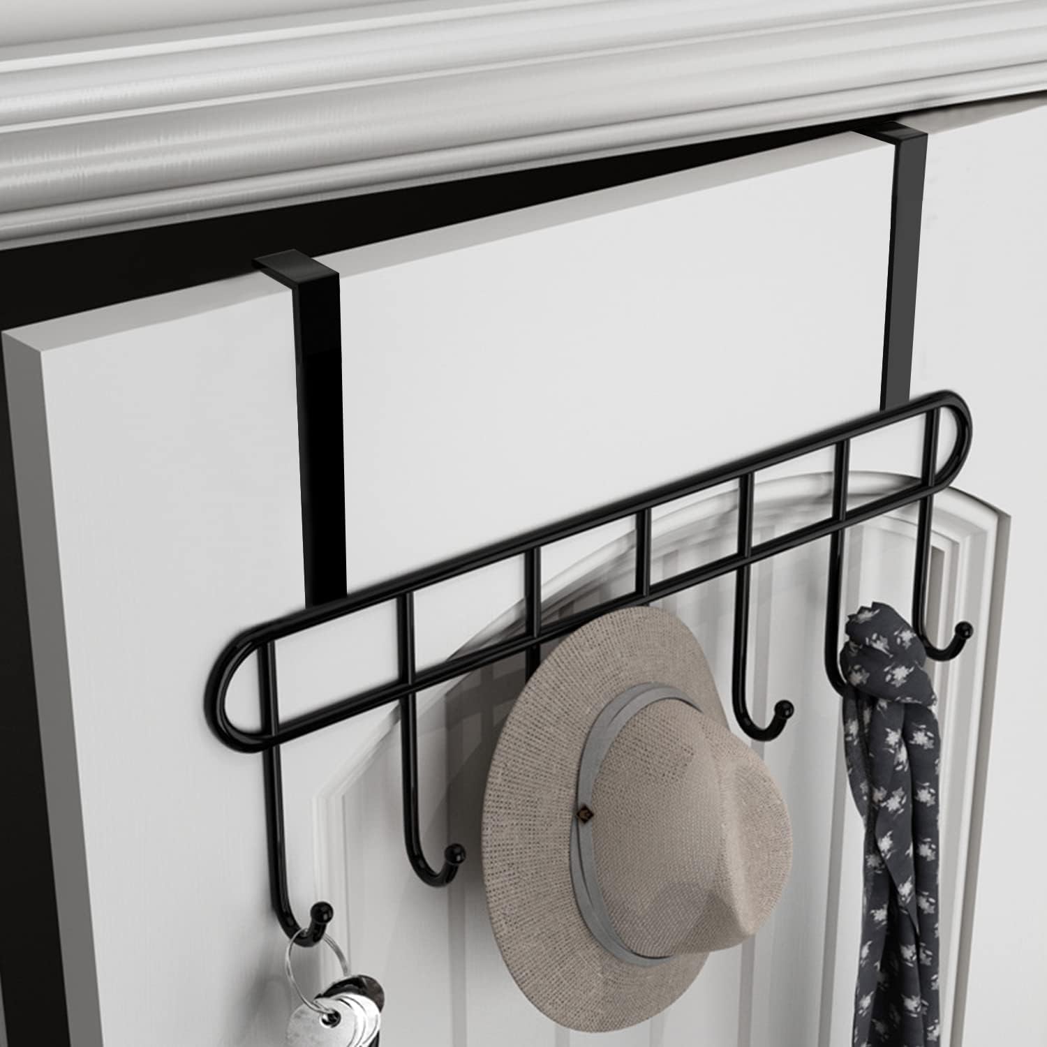 Lazer Over The Door Hook Hanger, Hanging Organizer Rack Steel Door Hook Hanger Wall Hook Rack (7 Hooks) (Black)