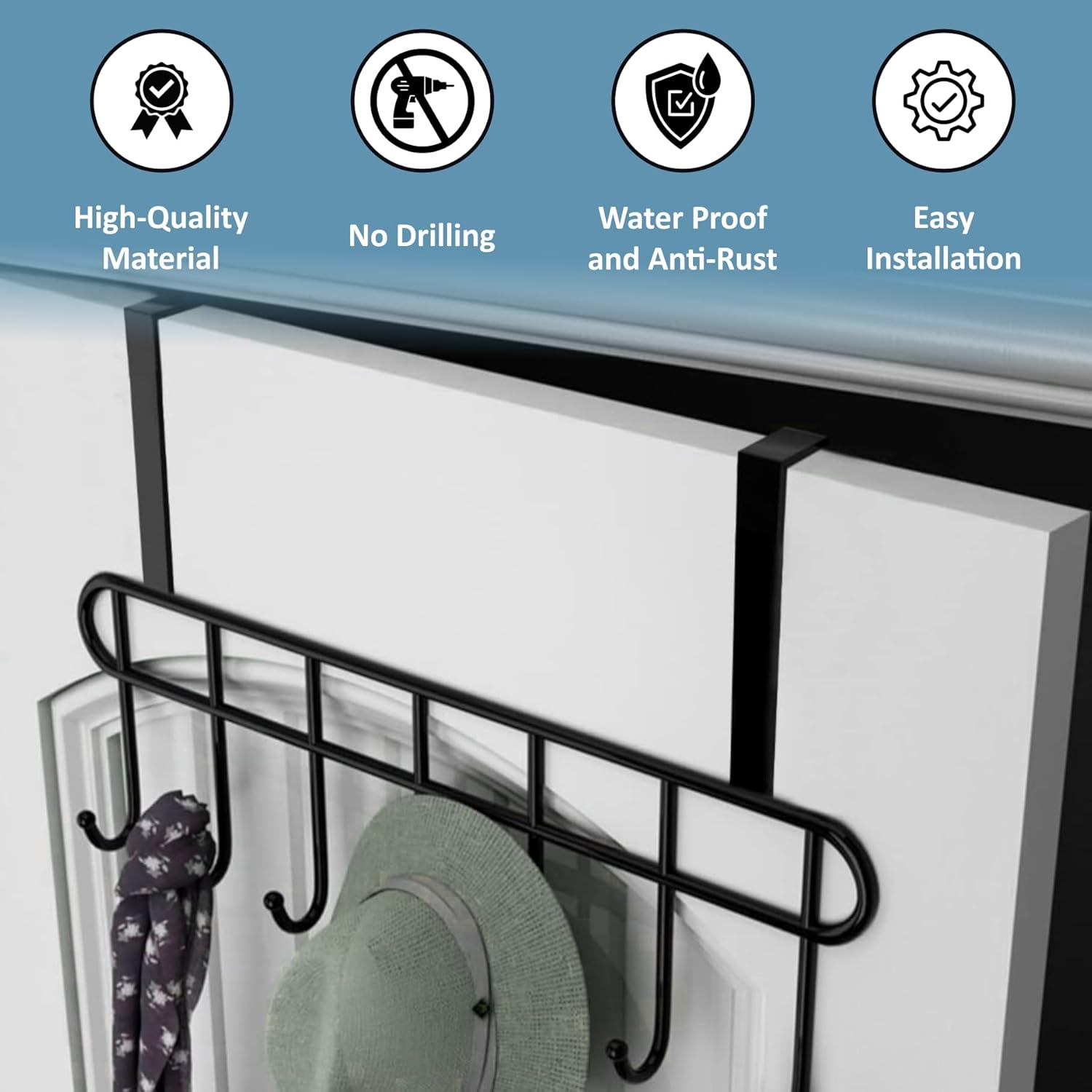 Lazer Over The Door Hook Hanger, Hanging Organizer Rack Steel Door Hook Hanger Wall Hook Rack (7 Hooks) (Black)