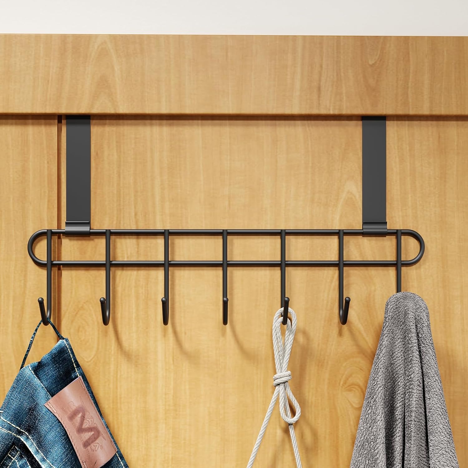 Lazer Over The Door Hook Hanger, Hanging Organizer Rack Steel Door Hook Hanger Wall Hook Rack (7 Hooks) (Black)